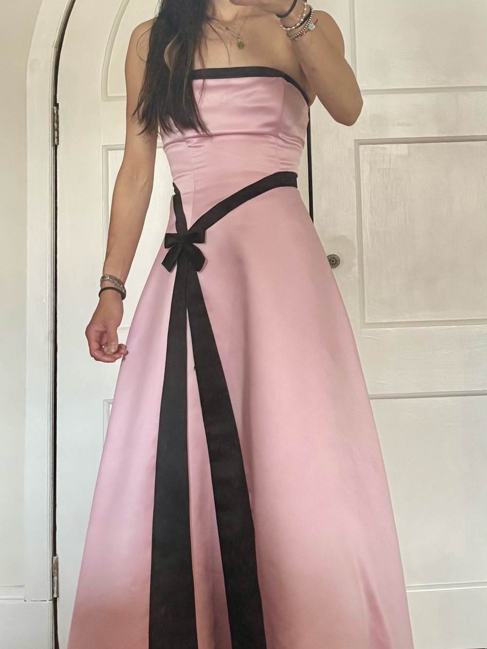Jessica McClintock Strapless Pink Satin Gown with Black Ribbon